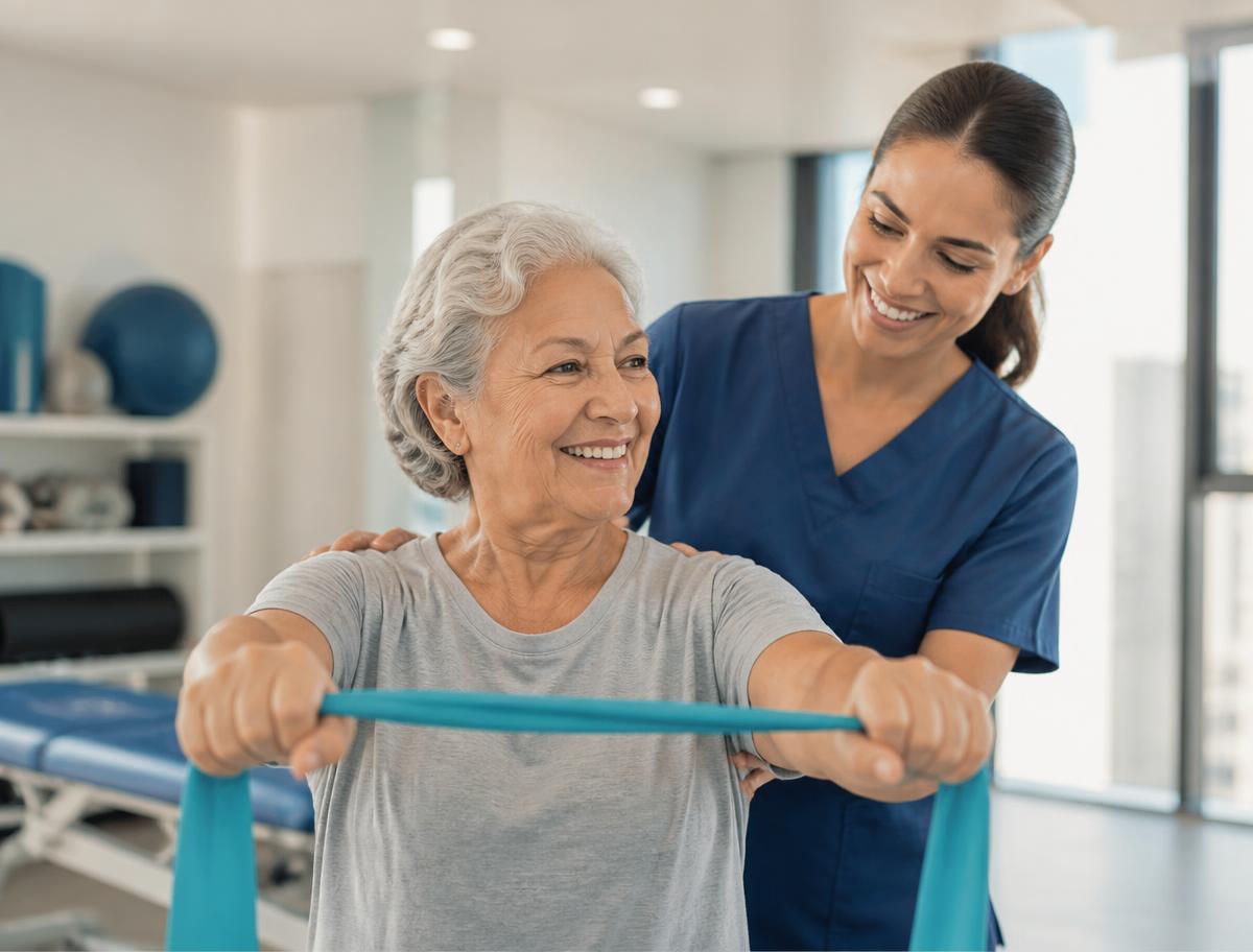Terapeuta acompañando a una paciente de la tercera edad